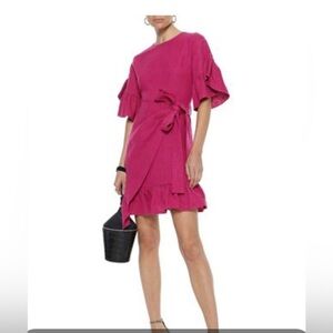 GOEN J
Asymmetric Wrap-effect Ruffle-trimmed Linen Mini Dress In Pink
